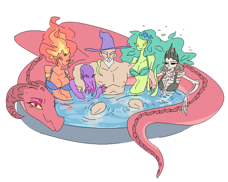 bath beard bone bra clothing dragon elemental facial_hair female feral fire_elemental flower green_skin hat horn human magic_user male mammal mediocre_scrublord mind_flayer nature nude plant red_eyes red_scales red_skin scales skeleton underwear wizard_hat