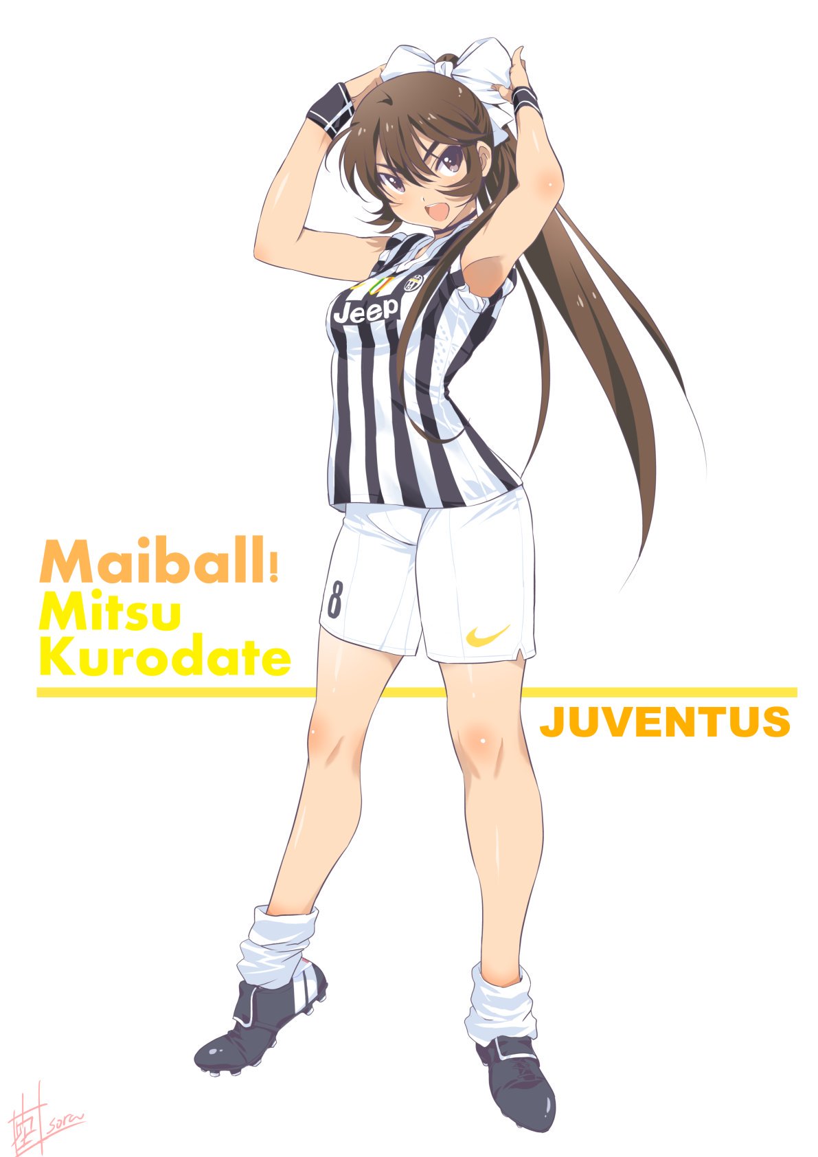 adjusting_bow armpits bow breasts brown_eyes brown_hair cleats commentary_request full_body hair_bow highres inoue_sora italian_flag italy jersey juventus_fc kurodate_mitsu long_hair looking_at_viewer loose_socks mai_ball! medium_breasts nike open_mouth ponytail serie_a shirt shorts sleeves_rolled_up soccer soccer_uniform solo sportswear striped striped_shirt vertical-striped_shirt vertical_stripes white_background wristband