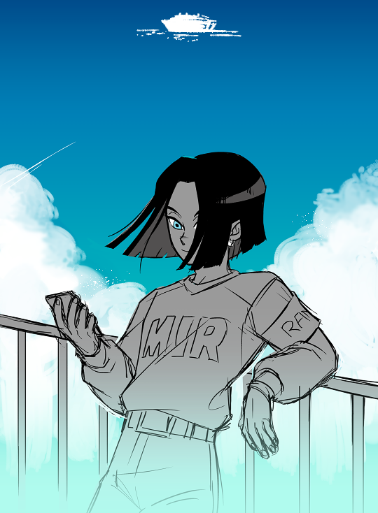 against_railing android_17 belt black_hair blue_eyes cellphone clothes_writing cloud cloudy_sky dragon_ball dragon_ball_super earrings fingernails greyscale hachibani happy jewelry leaning_on_object long_sleeves male_focus monochrome pants phone railing short_hair sky smartphone smile solo