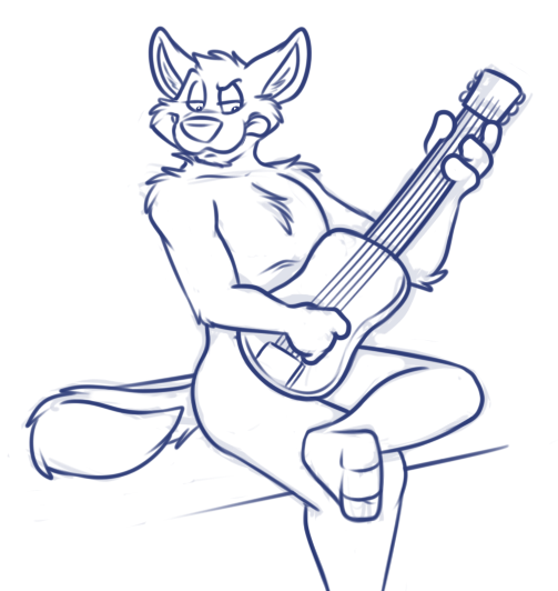 3_toes 4_fingers anthro black_and_white canine cheek_tuft chest_tuft elbow_tufts eyebrows fur guitar half-closed_eyes head_tuft holding_object line_art looking_aside looking_down male mammal monochrome musical_instrument nude playing_guitar playing_music portrait raised_eyebrow rotten_robbie shoulder_tuft sitting solo three-quarter_portrait toes tongue tongue_out tuft wolf