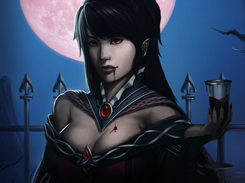 1girl big_breasts black_hair blood blood_from_mouth blood_on_face cleavage edited fence full_moon glass holding long_hair moon night night_sky outdoors pale_skin red_clothes red_eyes red_fingernails red_moon ruby solo vampire