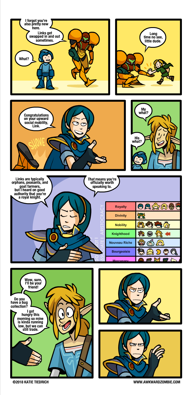 2018 5_fingers ambiguous_gender animal_crossing biped blonde_hair canine capcom clothing comic dog duo english_text fingerless_gloves gloves hair high_five human humanoid hylian isabelle_(animal_crossing) katie_tiedrich larger_ambiguous link lucina male mammal mario_bros marth mega_man_(character) mega_man_(series) nintendo olimar palutena pikmin pit_(kid_icarus) pointy_ears princess_zelda roy_(fire_emblem) samus size_difference smaller_male solo standing text the_legend_of_zelda video_games villager_(animal_crossing) wario