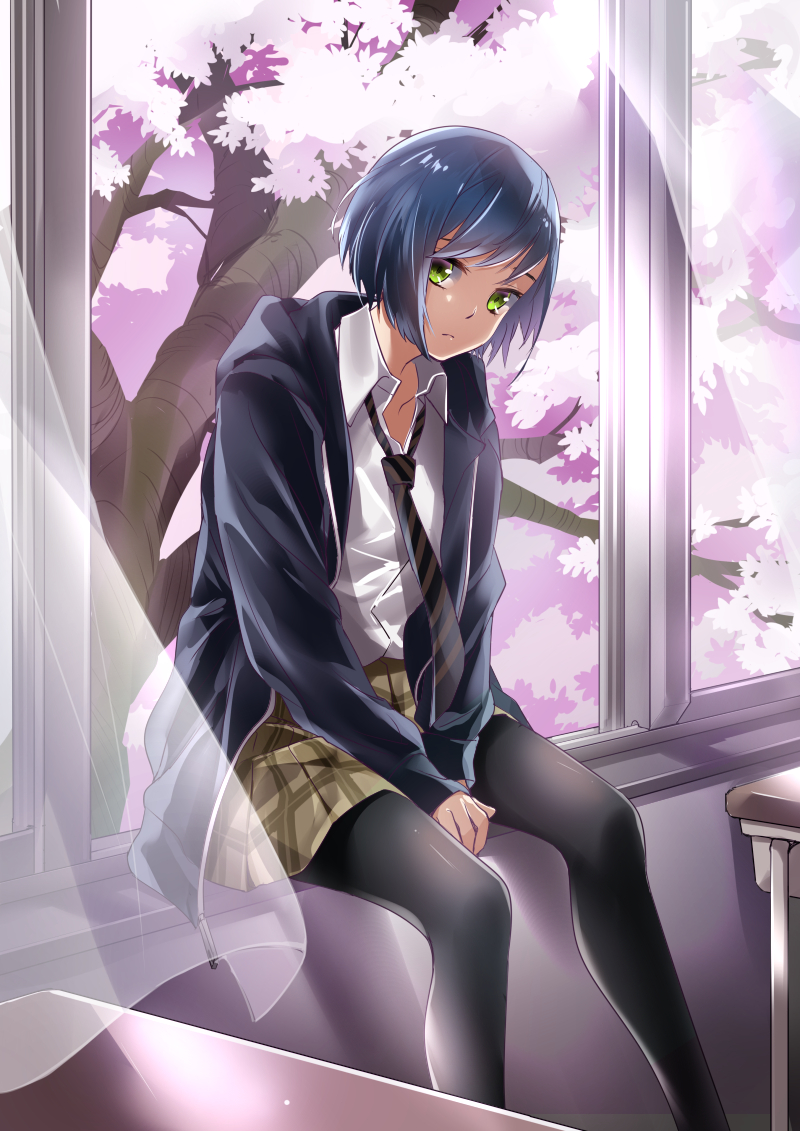 between_legs black_legwear blue_hair breasts cherry_blossoms classroom collared_shirt curtains darling_in_the_franxx desk expressionless green_eyes hand_between_legs hood hoodie ichigo_(darling_in_the_franxx) indoors looking_at_viewer miniskirt necktie pantyhose plaid plaid_skirt school_desk school_uniform see-through shirt short_hair sitting_in_window skirt small_breasts solo tree window windowsill yukichi_(mainitiiitenkidana07)