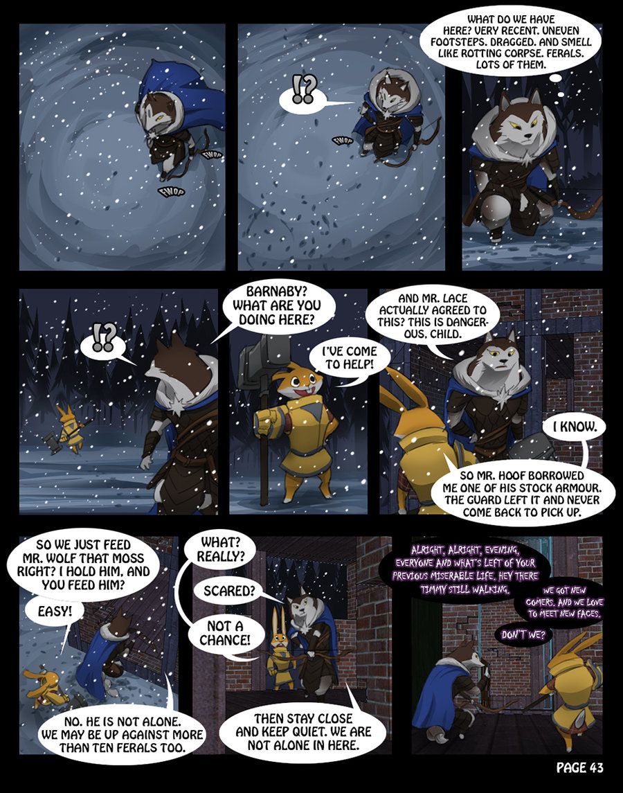 ! 2016 ? ?! anthro armello armor baldric barnaby_(armello) belt bow_(weapon) breastplate brick building canine cape clothed clothing comic dialogue digital_media_(artwork) english_text female forest fur gauntlets gloves hammer house humor inside lagomorph male mammal melee_weapon purpleground02 rabbit ranged_weapon river_(armello) snow text tools tree video_games weapon wolf