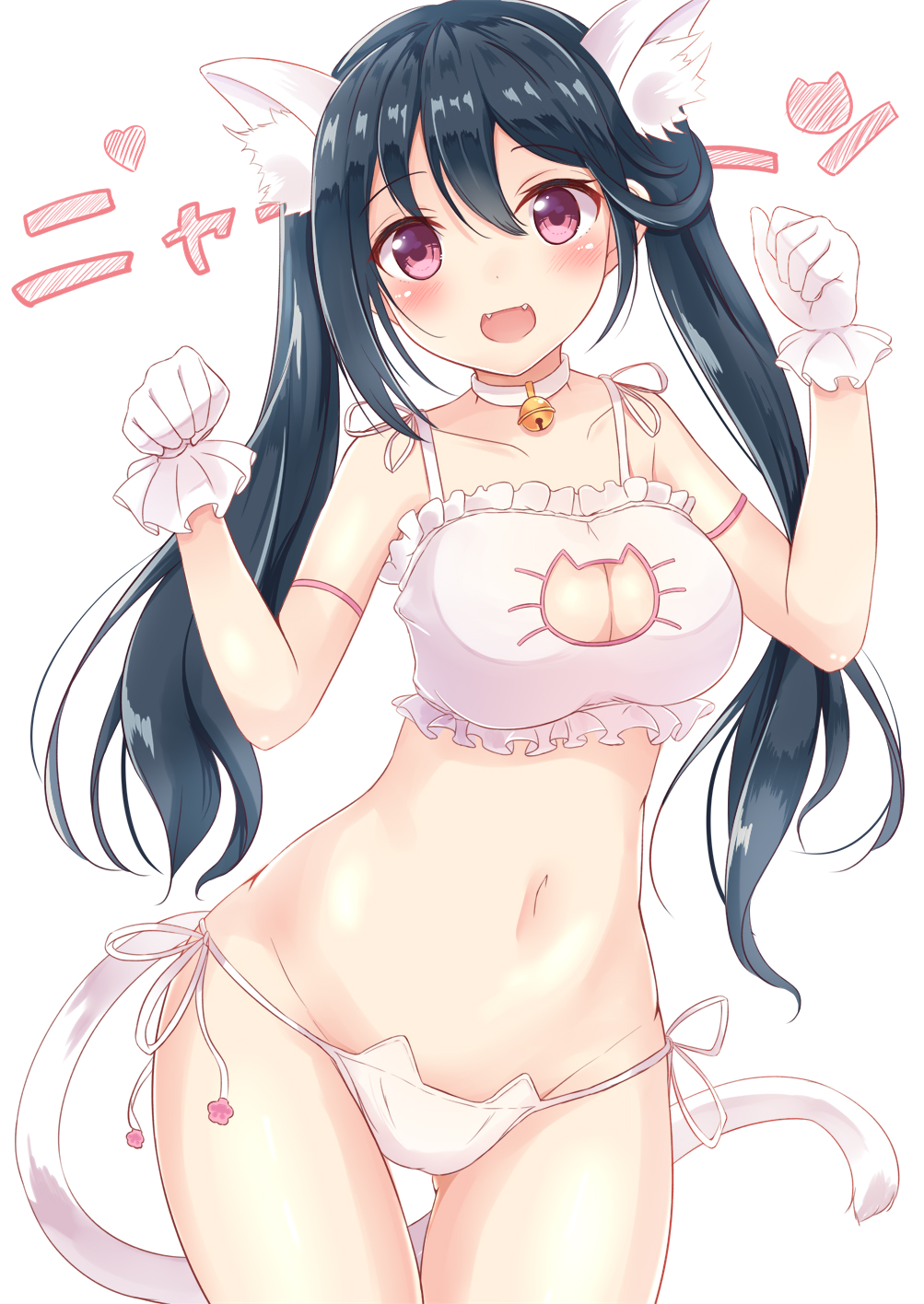 :d animal_ear_fluff animal_ears ass_visible_through_thighs bangs bare_shoulders bell black_hair blush bra breasts cat_cutout cat_ears cat_lingerie cat_tail choker cleavage cleavage_cutout collarbone cowboy_shot eyebrows_visible_through_hair fangs frilled_bra frills gloves gluteal_fold groin hair_between_eyes hands_up highres jingle_bell long_hair looking_at_viewer medium_breasts meme_attire navel open_mouth panties paw_pose phantasy_star phantasy_star_online_2 pink_eyes side-tie_panties sidelocks simple_background smile solo standing tail twintails underwear washinomiya_koori white_background white_bra white_choker white_gloves white_panties yuano