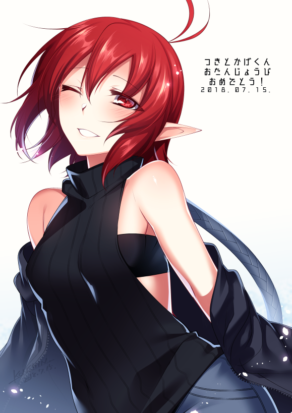 1girl antenna_hair bare_shoulders beltbra black_jacket blue_pants commentary_request dated dress jacket konshin looking_at_viewer off_shoulder original pants pointy_ears red_eyes red_hair ribbed_sweater simple_background smile solo sweater sweater_dress translation_request white_background