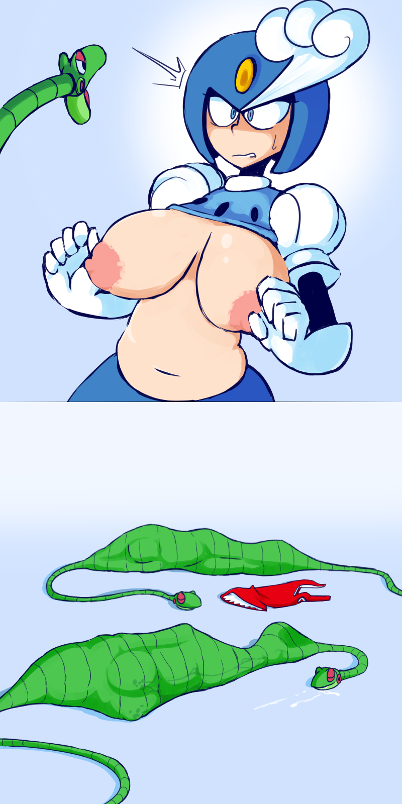areola armor belly big_breasts blue_eyes breasts bulge capcom clothed clothing female fupoo helmet machine mega_man_(series) nipples not_furry reptile robot roll_(megaman) scalie sequence simple_background snake soft_vore splash_woman topless video_games vore