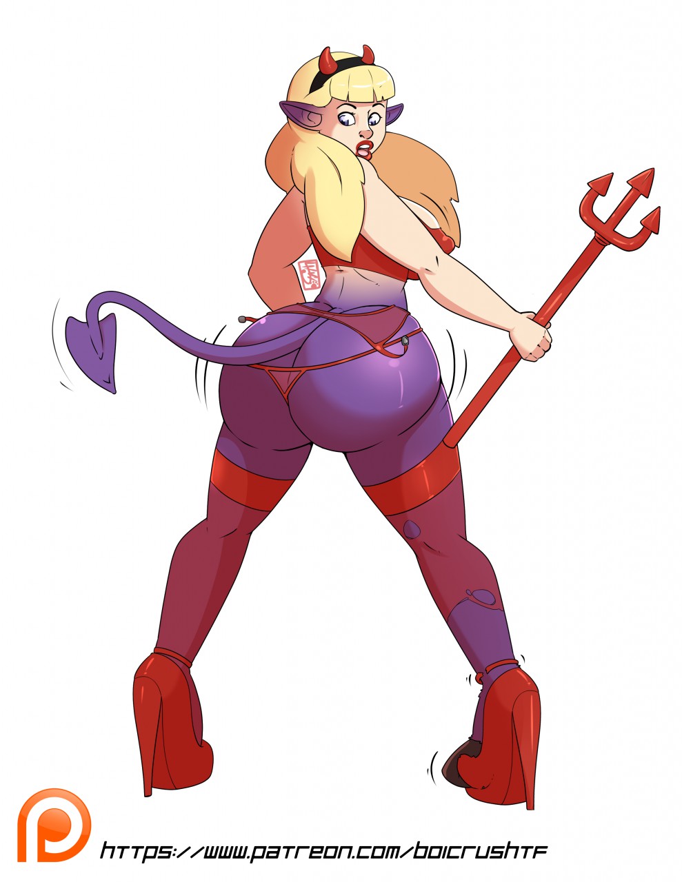 2015 big_breasts big_butt blonde_hair blue_eyes breast_expansion breasts butt butt_expansion clothing demon female footwear hair legwear lilithrose long_hair melee_weapon nipple_bulge polearm shoes simple_background solo spade_tail stockings surprise thong transformation trident weapon white_background wide_hips