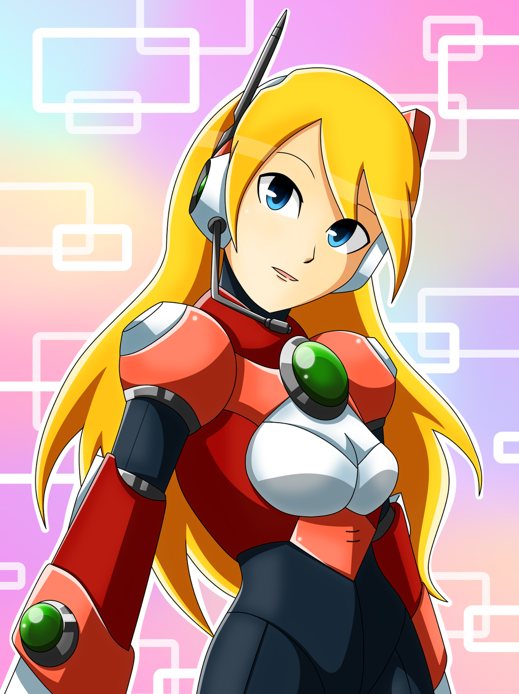 1girl alia android blonde_hair blue_eyes breasts capcom framed_breasts headphones long_hair medium_breasts rockman rockman_x solo sunnythesunflower