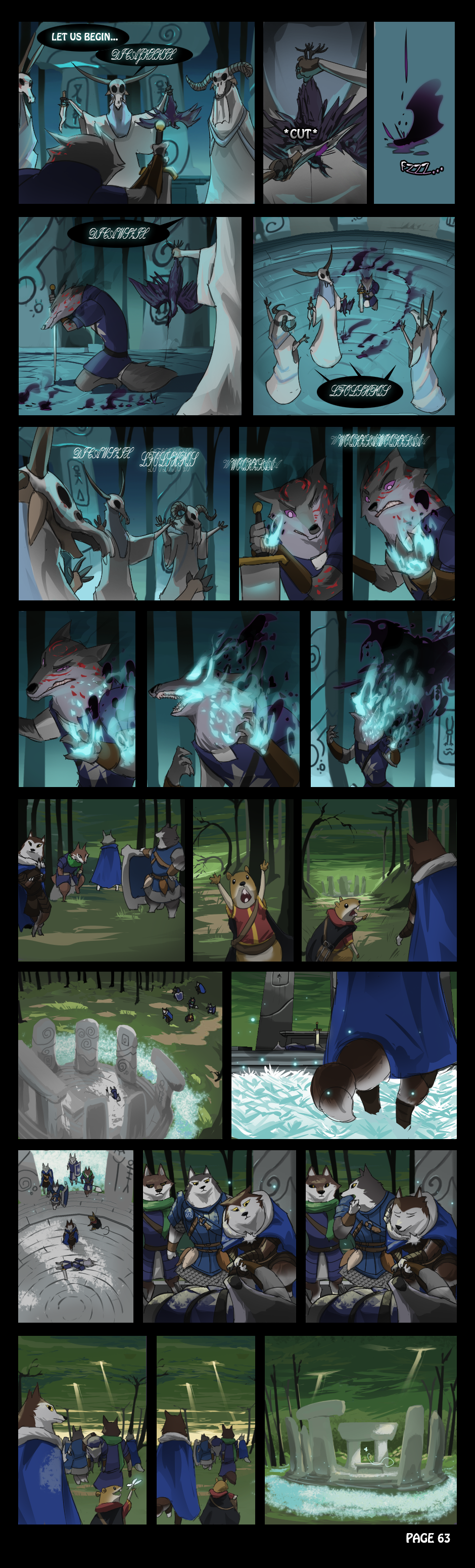 2016 antelope anthro armello armor bag baldric belt blood canine cape caprine cervine chainmail clothed clothing comic dagger death deer dialogue digital_media_(artwork) english_text female forest horn infection magna_(armello) male mammal melee_weapon mouse pain purpleground02 river_(armello) robe rodent sad scarf shield skull sword text thane_(armello) tree video_games violence weapon wolf wounded