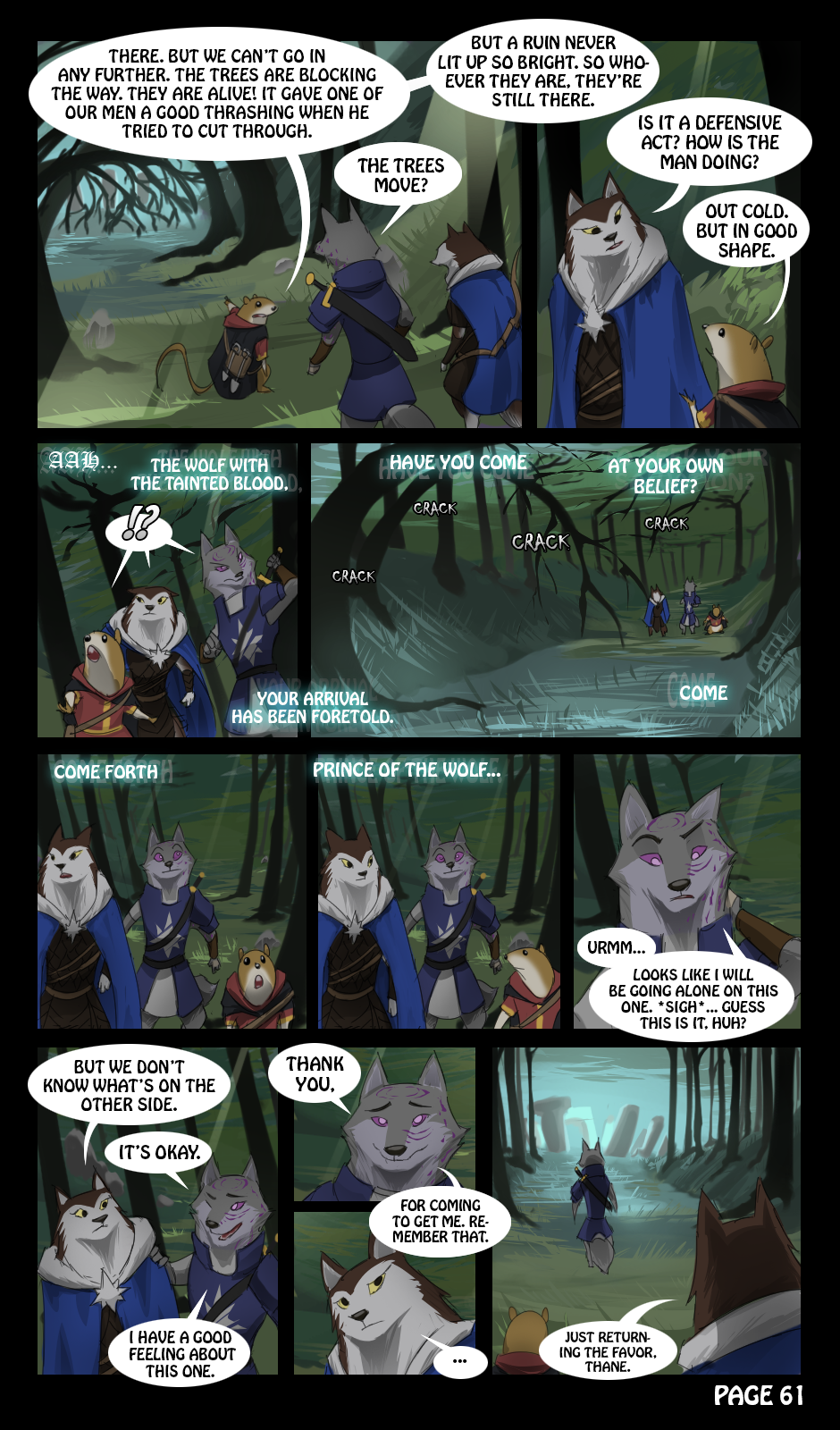 2016 anthro armello bag baldric belt bow_(weapon) canine cape clothed clothing comic dialogue digital_media_(artwork) english_text female forest fox fur infection male mammal melee_weapon mouse purpleground02 ranged_weapon river_(armello) rodent shovel sword text thane_(armello) tools tree video_games weapon yellow_eyes