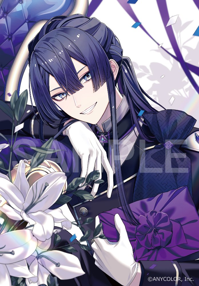 1boy armchair black_jacket blue_eyes blue_hair blunt_ends box chair confetti copyright_notice dark_blue_hair flower gift gift_bag gift_box gloves grin hair_between_eyes hana_arare head_rest holding holding_gift jacket lily_(flower) long_hair long_sleeves looking_at_viewer male_focus nagao_kei nijisanji official_art ponytail sample_watermark smile solo upper_body virtual_youtuber watermark white_background white_flower white_gloves white_lily