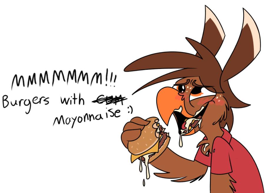2019 ahegao anthro avian beak bird blush bodily_fluids brown_body brown_feathers burger cheek_tuft chest_tuft clothed clothing cum cum_in_mouth cum_inside cum_on_food cum_on_tongue eating english_text facial_tuft feather_hair feather_hands feathered_wings feathers food food_fetish food_play freckles genital_fluids holding_food holding_object looking_pleasured male orange_eyes piemations pretzel_(piemations) pseudo_hair shirt simple_background solo text tongue tongue_out topwear tuft white_background wings