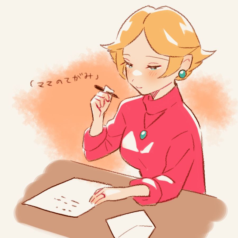 1girl blonde_hair blush closed_mouth holding holding_pen jewelry long_sleeves mother_(game) mother_2 necklace ness's_mother paper pen pink_shirt shifumame shirt short_hair smile solo translated writing