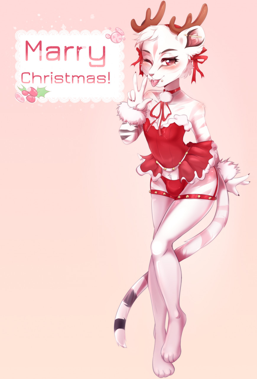 anthro christmas felid girly hi_res holidays invalid_tag male mammal miumyara pantherine solo tiger winter xsmas