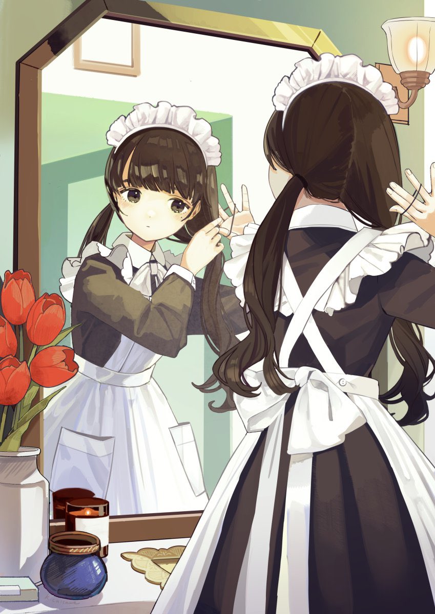 1girl apron back_bow black_dress black_eyes black_hair blunt_bangs bottle bow closed_mouth collared_dress cowboy_shot dress flower frilled_apron frills from_behind hands_up highres holding holding_hair indoors kashiwagi_chisame lamp long_hair long_sleeves looking_at_mirror low_twintails maid maid_apron maid_headdress mirror original plant pocket potted_plant red_flower reflection ribbon solo standing tulip twintails tying_hair vase white_apron white_bow