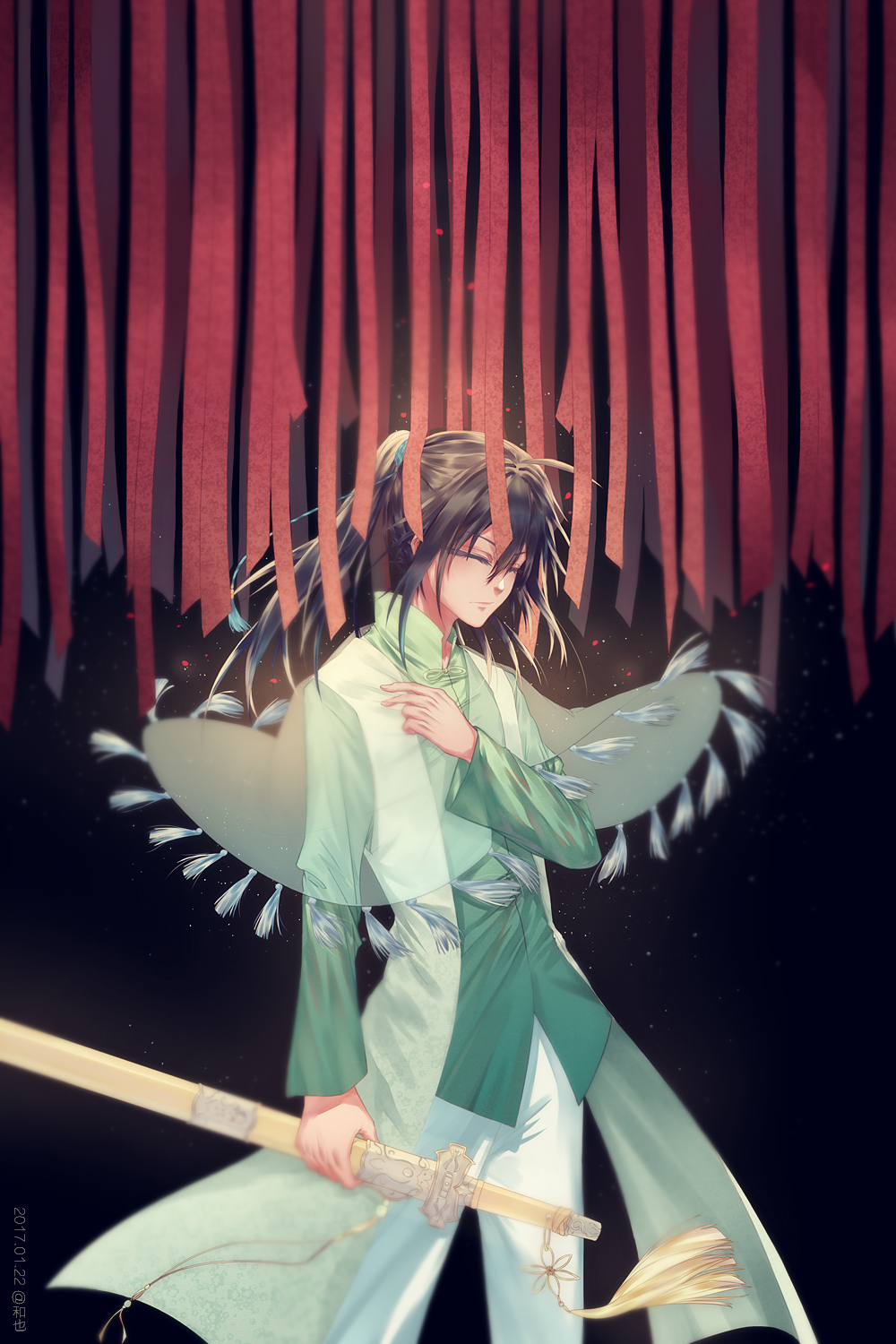 black_background black_hair brown_hair chinese_clothes closed_eyes cowboy_shot dated hand_up highres light_particles long_hair long_sleeves male_focus nodoka_076 pants poncho ponytail see-through sheath sheathed solo spiritpact standing streamers sword tassel toggles weapon white_pants yang_jinghua