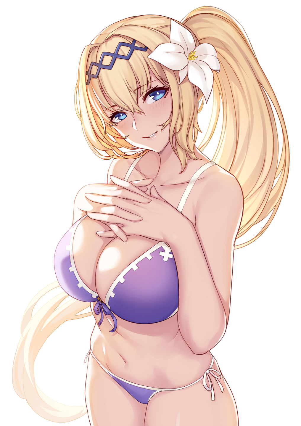 bangs bare_shoulders bikini blonde_hair blush breasts cleavage collarbone commentary_request diadem evan_yang eyebrows_visible_through_hair flower front-tie_top granblue_fantasy hair_between_eyes hair_flower hair_intakes hair_ornament hands_on_own_chest headpiece highres hips interlocked_fingers jeanne_d'arc_(granblue_fantasy) large_breasts lily_(flower) long_hair looking_at_viewer navel ponytail purple_bikini side-tie_bottom simple_background smile solo swimsuit very_long_hair white_background