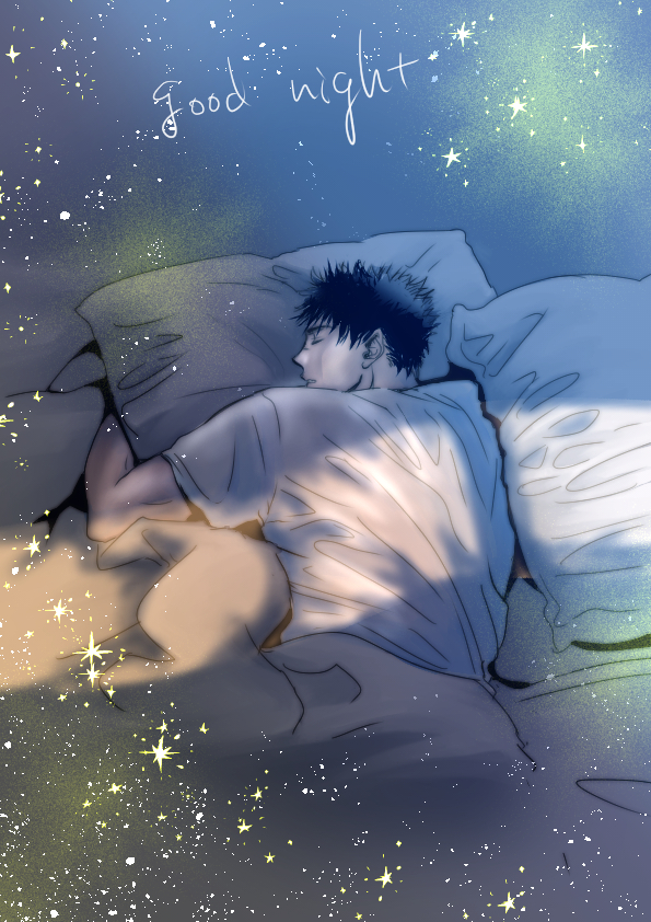1boy bed_sheet berserk black_hair commentary_request guts_(berserk) kame_(jeycobsry) lying male_focus on_stomach pillow pointy_ears profile shirt short_hair sleeping solo spiked_hair t-shirt white_shirt