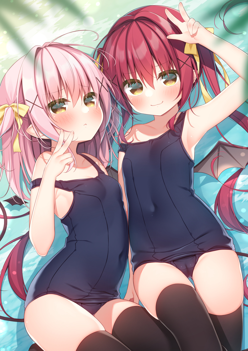 2girls antenna_hair arm_up black_one-piece_swimsuit black_thighhighs blurry blurry_foreground bow breasts brown_wings cameltoe commentary covered_navel demon_girl demon_tail demon_wings depth_of_field hair_between_eyes hair_bow hair_intakes hair_ornament hanamiya_natsuka hand_up long_hair multiple_girls old_school_swimsuit one-piece_swimsuit original pink_hair red_hair school_swimsuit small_breasts strap_slip swimsuit symbol-only_commentary tail thighhighs twintails two_side_up v very_long_hair water wings x_hair_ornament yellow_bow yellow_eyes