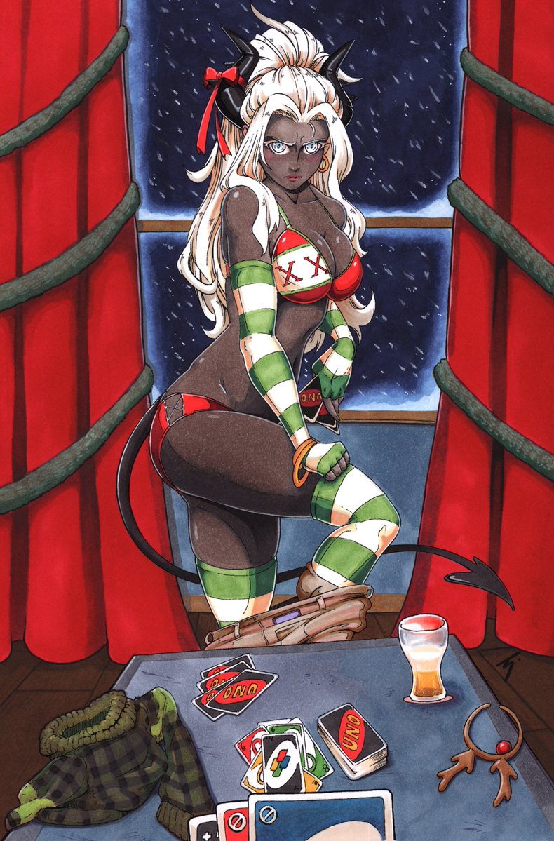 1girl black_horns blush christmas dark_skin demon demon_girl demon_horns demon_tail helltaker horns judgement_(helltaker) looking_at_viewer panties paperskinned striped striped_panties striped_thighhighs tail thighhighs underwear undressing very_dark_skin white_eyes white_hair