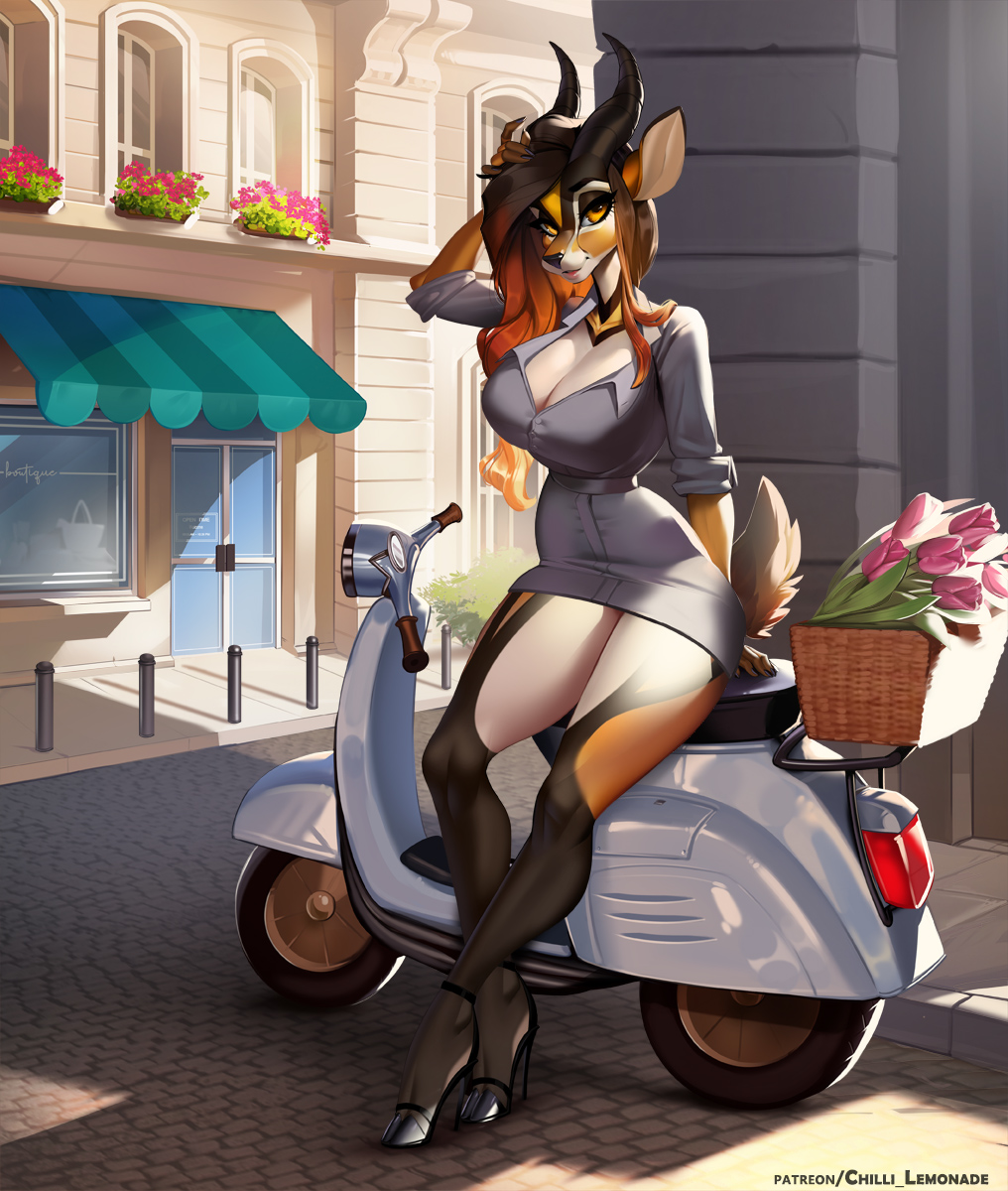 antelope anthro aomori bouquet bovid clothing cobblestone cobblestone_streets female flower flower_bouquet footwear gazelle gradient_hair hair hi_res high_heels horn looking_at_viewer mammal moped orange_eyes paris plant solo vehicle zahra_(airheart)