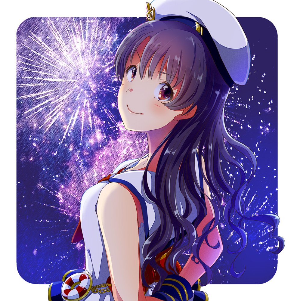 1girl anchor_hat_ornament arms_behind_back bare_arms blue_wristband border brown_eyes chain closed_mouth collared_shirt commentary_request eyelashes fireworks gleam gold_chain hat hat_ornament idol idolmaster idolmaster_million_live! idolmaster_million_live!_theater_days innertube light_blush long_hair looking_at_viewer neckerchief night night_sky pink_lips purple_hair red_neckerchief sailor_collar sailor_hat sailor_shirt shirt sky sleeveless sleeveless_shirt smile solo striped_wrist_cuffs takayama_sayoko upper_body v-shaped_eyebrows wavy_hair white_border white_headwear white_sailor_collar white_shirt witoi_(roa)