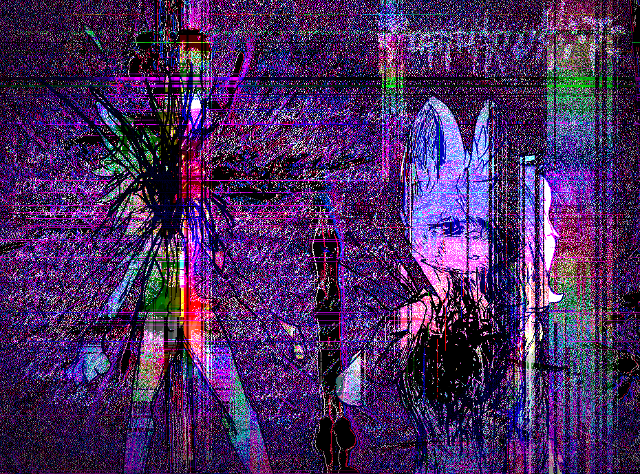 2023 abstract_art abstract_background animal_genitalia anthro balls black_blood blood blood_splatter bodily_fluids bright_colors death digital_media_(artwork) duo eye_bags felid feline fur genitals girly glitch gore gynomorph hair head_explosion hole_in_chest illegible_signature illegible_text intersex mammal nude psychedelic serval sheath sigh signature splatter static taffyrukite text tired void wounded