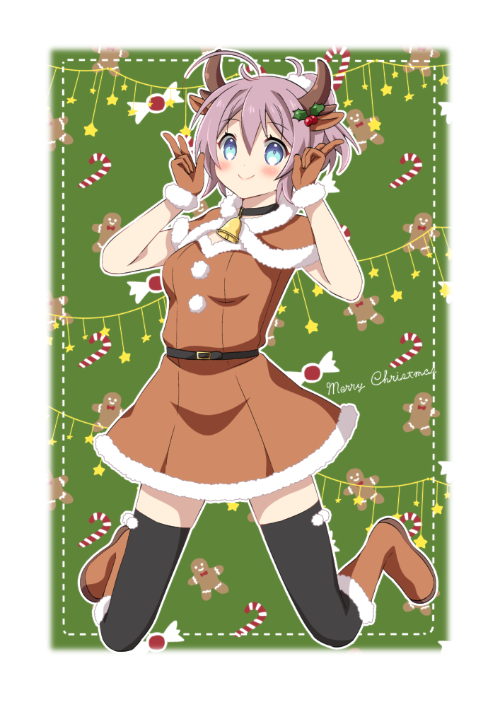 1girl ahoge alternate_costume animal_ears aoba_(kancolle) black_thighhighs blue_eyes boots brown_capelet brown_dress brown_footwear candy candy_cane capelet deer_ears dress fake_animal_ears fake_horns food full_body fur-trimmed_boots fur-trimmed_capelet fur_trim gingerbread_man green_background horns kantai_collection messy_hair oyu_(aoba_0054) ponytail purple_hair scrunchie short_hair solo thighhighs