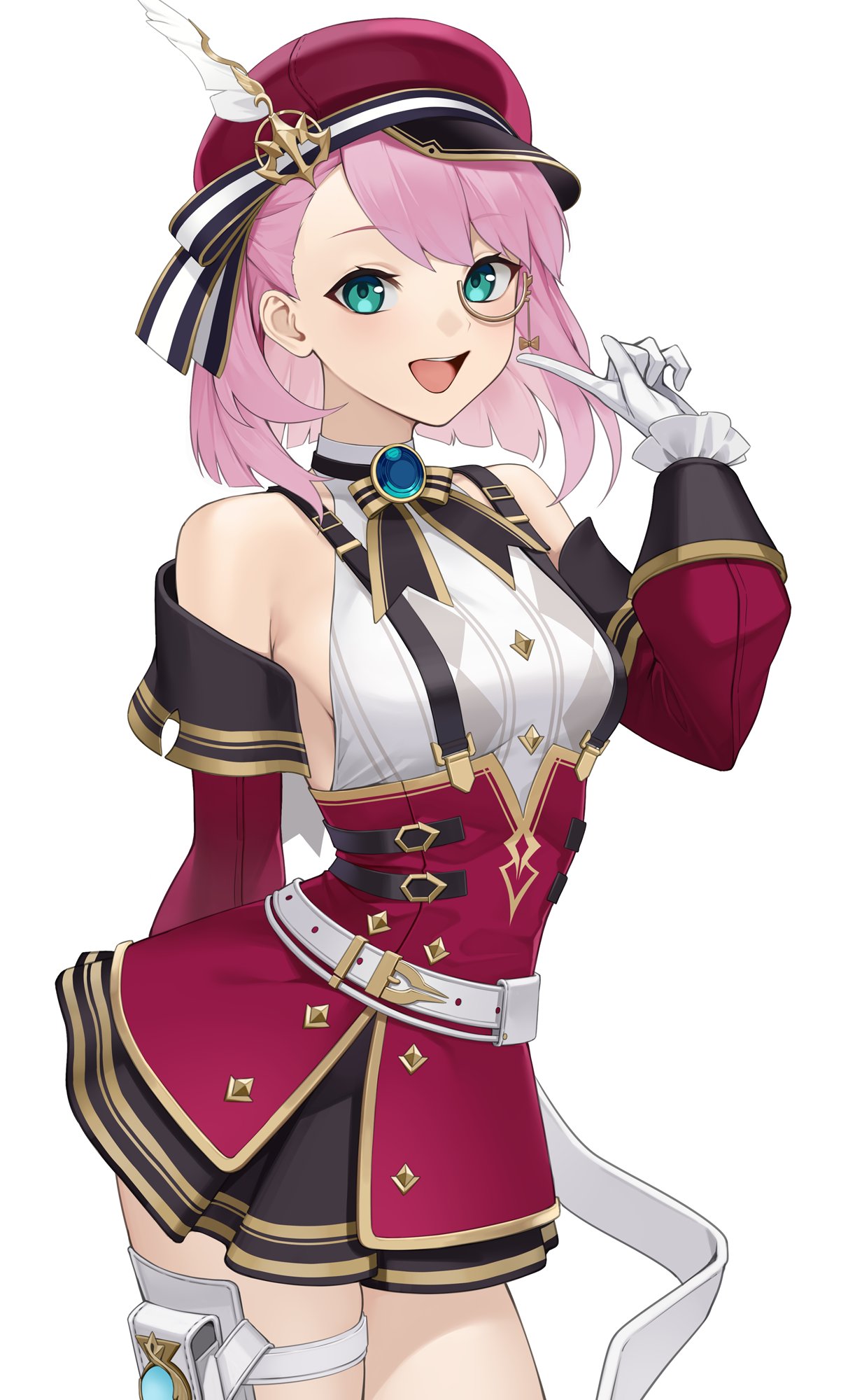 1girl bare_shoulders belt blue_brooch blue_gemstone bow charlotte_(genshin_impact) detached_sleeves dress frilled_sleeves frills gem genshin_impact gloves gold_trim_bow green_eyes hat hat_feather highres holster kuen_(kuennn12) looking_at_viewer monocle open_mouth pink_hair puffy_detached_sleeves puffy_sleeves red_headwear red_sleeves short_dress simple_background solo suspenders thigh_holster thigh_strap white_background white_belt white_gloves