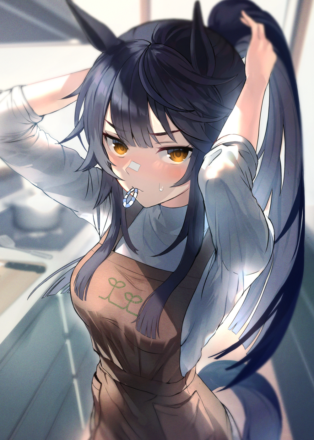 1girl aged_up alternate_costume animal_ears apron black_hair blurry blurry_background blush breasts brown_apron casual commentary_request depth_of_field embarrassed film_grain hair_between_eyes hair_tie hair_tie_in_mouth highres horse_ears horse_girl horse_tail kitchen large_breasts long_hair looking_at_viewer mouth_hold narita_brian_(umamusume) ponytail shirt sidelocks sleeves_past_elbows solo standing sunlight sweatdrop tail touya_kotonari tying_hair umamusume upper_body white_shirt yellow_eyes