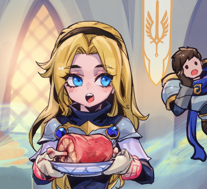 1boy 1girl :o armor blonde_hair blue_eyes brother_and_sister brown_gloves brown_hair food garen_(league_of_legends) gloves holding holding_plate league_of_legends long_hair lux_(league_of_legends) meat mittens phantom_ix_row plate shoulder_plates siblings sideways_glance teeth upper_body upper_teeth_only