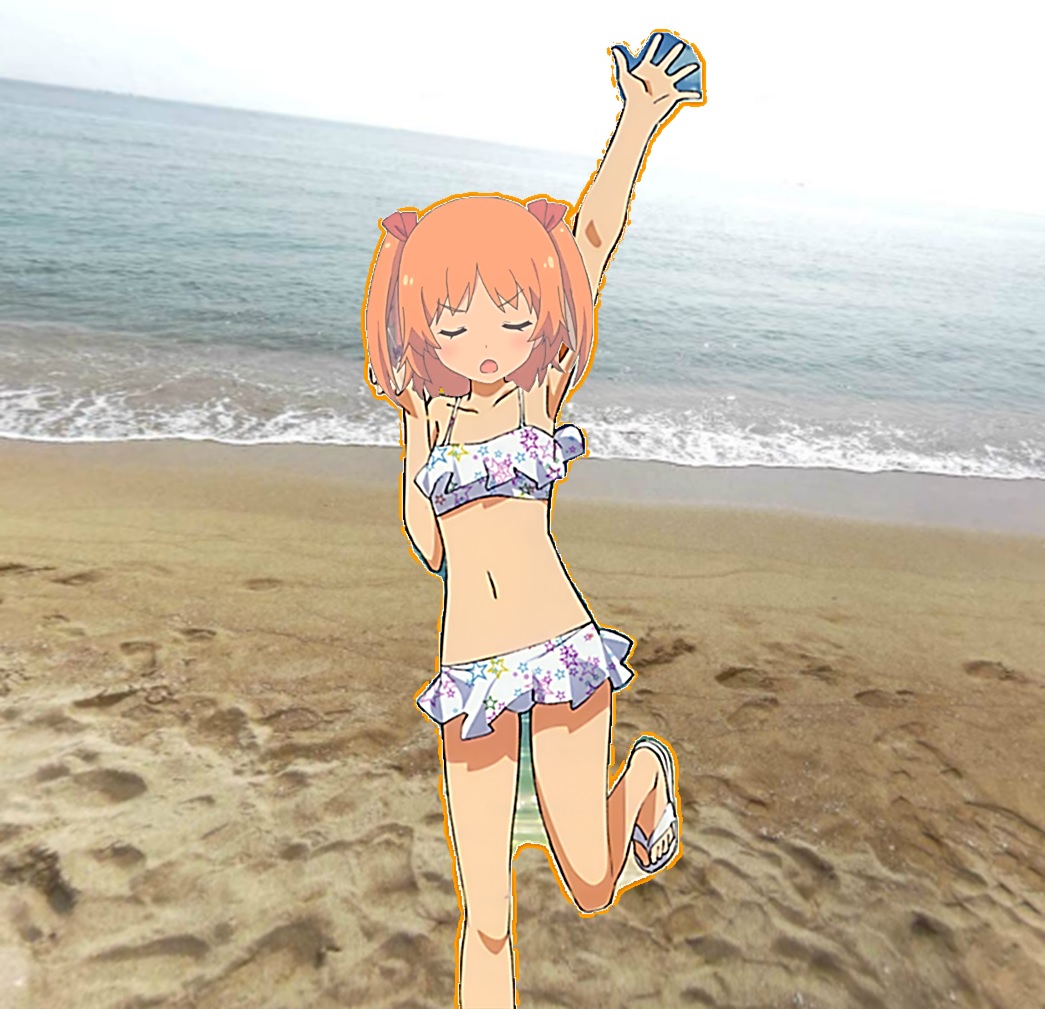 1girl annoyed arm_up armpits bare_shoulders beach bikini bikini_skirt blush child collarbone eyes_closed female flat_chest frill frilled_bikini hair_ornament hair_ribbon harusaki_chiwa horizon leg_up legs loli midriff navel ocean orange_hair ore_no_kanojo_to_osananajimi_ga_shuraba_sugiru outstretched_hand ribbon sandals short_hair solo standing_on_one_leg star_print twintails water