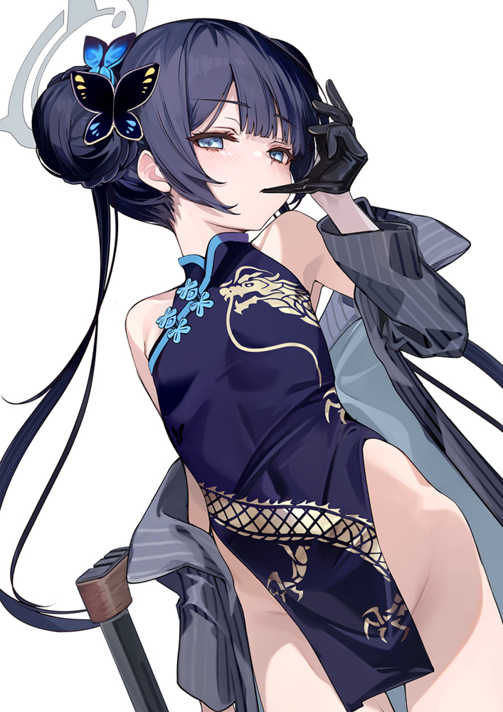 1girl black_gloves black_hair black_leotard blue_archive blush breasts butterfly_hair_ornament closed_mouth cowboy_shot double_bun dragon_print gloves grey_eyes grey_halo grey_jacket groin hair_bun hair_ornament halo jacket kisaki_(blue_archive) leotard long_hair long_sleeves looking_at_viewer open_clothes open_jacket shirokitsune simple_background small_breasts solo strapless strapless_leotard striped striped_jacket twintails vertical-striped_jacket vertical_stripes white_background