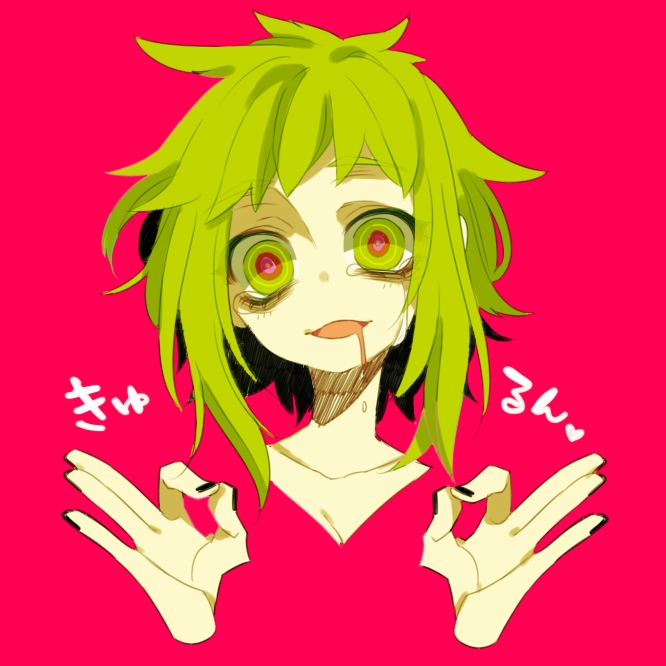 1girl @_@ alternate_hairstyle bad_id bad_pixiv_id bags_under_eyes black_nails crazy_eyes crazy_smile disembodied_head disembodied_limb drooling green_eyes gumi haru_(oomr005) heart messy_hair pink_background pink_pupils simple_background smile solo tears translation_request vocaloid yandere