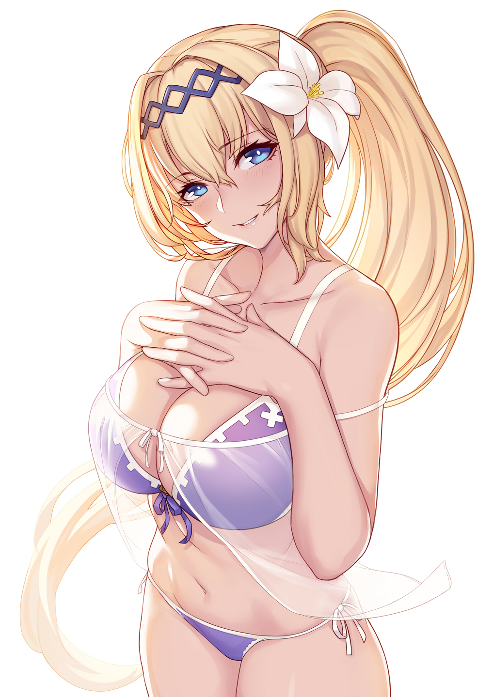 babydoll bangs bare_shoulders bikini blonde_hair blush breasts cleavage collarbone commentary diadem dress evan_yang eyebrows_visible_through_hair flower front-tie_top gown granblue_fantasy hair_between_eyes hair_flower hair_intakes hair_ornament hands_on_own_chest headpiece highres hips interlocked_fingers jeanne_d'arc_(granblue_fantasy) large_breasts lily_(flower) long_hair looking_at_viewer navel ponytail purple_bikini see-through side-tie_bottom simple_background smile solo swimsuit very_long_hair white_background
