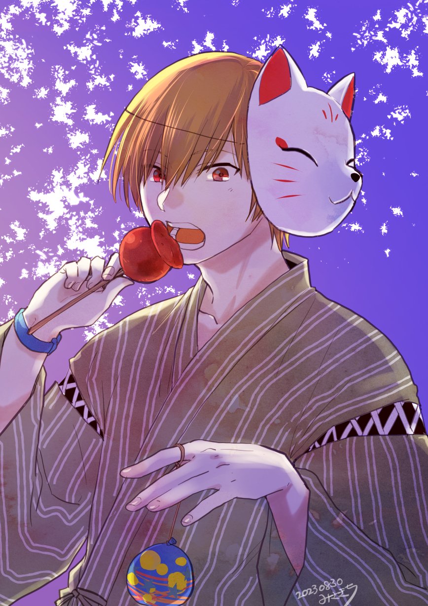 1boy 2023 alternate_costume backlighting blue_background brown_hair candy_apple commentary dated eating food fox_mask gradient_background grey_kimono highres holding holding_food japanese_clothes kimono little_busters! long_sleeves looking_at_viewer mask mask_on_head misaki_juri natsume_kyousuke open_mouth purple_background red_eyes short_hair simple_background solo teeth upper_body water_yoyo wide_sleeves