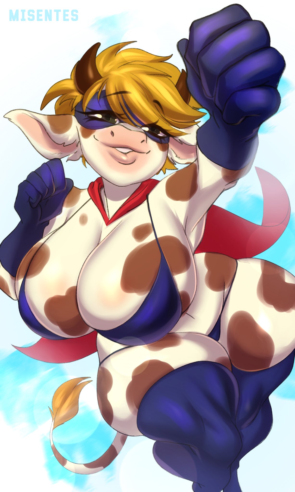 anthro big_breasts blonde_hair blue_bra blue_clothing blue_underwear bovid bovine bra breasts cape cattle chubby_female clothing cloud female fur gloves hair handwear hi_res horn huge_breasts legwear mammal markings mask misentes sky smile solo stockings supercow underwear white_body white_fur