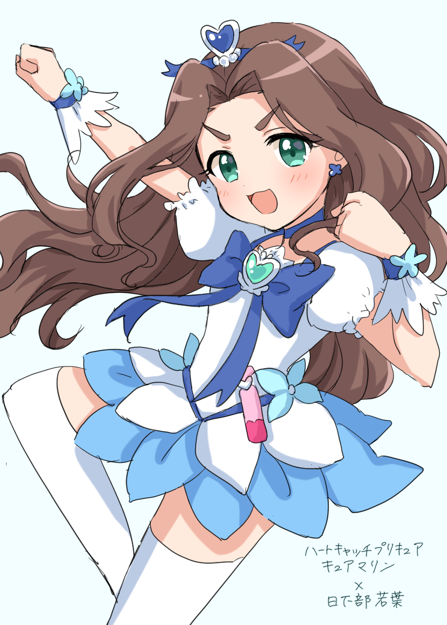 1girl arm_up blue_background blue_bow blue_bowtie blue_choker blue_headband blue_wrist_cuffs blush bow bowtie breasts brooch brown_hair choker clenched_hands cosplay cure_marine cure_marine_(cosplay) dot_nose dress earrings green_eyes hair_ornament hand_up headband heart heart_brooch heart_hair_ornament heartcatch_precure! highres idolmaster idolmaster_cinderella_girls idolmaster_cinderella_girls_starlight_stage jewelry kahiika kusakabe_wakaba layered_dress leg_up long_hair looking_at_viewer magical_girl open_mouth precure puffy_short_sleeves puffy_sleeves short_sleeves simple_background small_breasts smile solo standing standing_on_one_leg thick_eyebrows thighhighs two-tone_dress v-shaped_eyebrows wavy_hair white_thighhighs