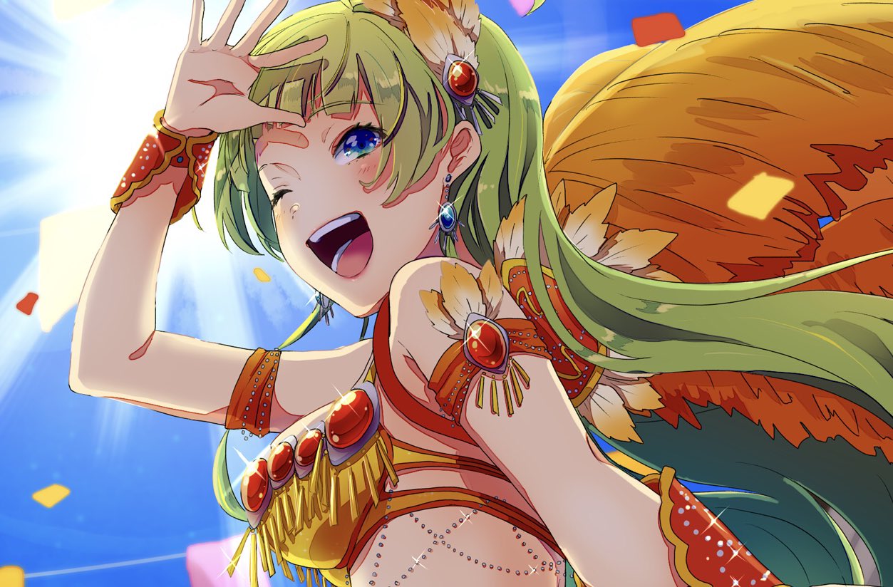 1girl beads blue_eyes blue_gemstone blue_sky bra commentary_request confetti dangle_earrings day earrings eyelashes feather_hair_ornament feathers fringe_trim gem gem_hair_ornament green_hair hair_ornament hand_on_own_head idol idolmaster idolmaster_million_live! jewelry light_blush long_hair looking_at_viewer one_eye_closed open_mouth orange_armband outdoors red_gemstone red_wrist_cuffs shimabara_elena sky smile solo sparkle stomach sun teeth underwear upper_body witoi_(roa) yellow_bra