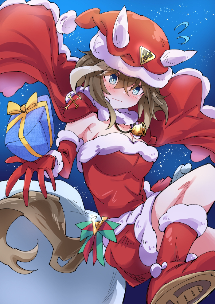 1girl animal_ears bell blue_eyes blush boots bright_pupils brown_hair cape capelet cheval_grand_(umamusume) christmas closed_mouth dress floating frown fur-trimmed_cape fur-trimmed_dress fur-trimmed_footwear fur-trimmed_gloves fur-trimmed_headwear fur_trim gift gloves hat hat_with_ears horse_ears horse_girl horse_tail jewelry looking_at_viewer medium_hair multicolored_hair necklace night night_sky nodachi_(artist) outdoors red_capelet red_gloves sack santa_boots santa_dress santa_gloves santa_hat sky solo star_(sky) starry_sky strapless strapless_dress streaked_hair tail umamusume white_pupils