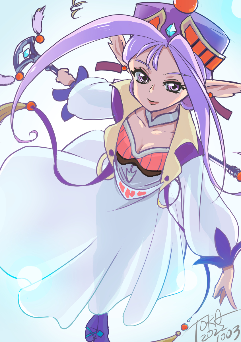 1girl bis_toratora breasts closed_mouth dated dress earrings full_body grandia grandia_i hat highres holding holding_staff jewelry liete_(grandia) lipstick long_hair long_sleeves looking_at_viewer makeup pantyhose parted_bangs pointy_ears puffy_long_sleeves puffy_sleeves purple_hair see-through sidelocks simple_background smile solo staff