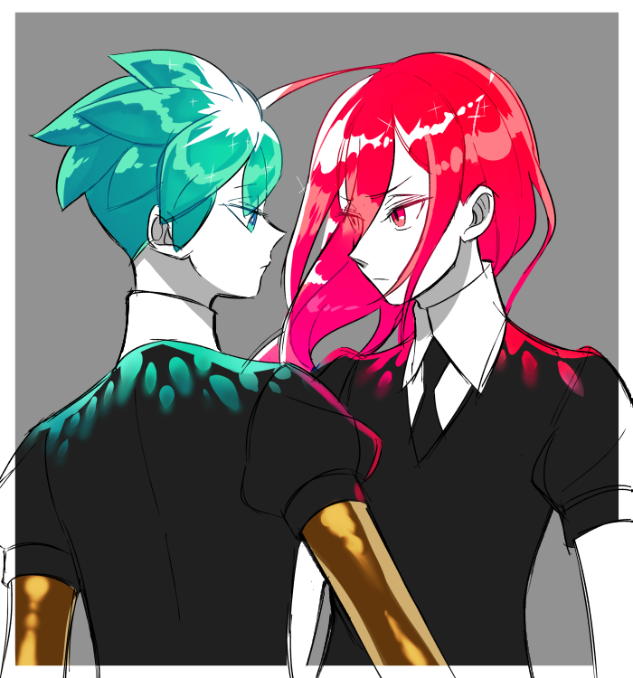 ahoge androgynous aqua_eyes aqua_hair black_neckwear collared_shirt face-to-face gem_uniform_(houseki_no_kuni) green_eyes green_hair grey_background hachibani houseki_no_kuni long_hair multiple_others necktie phosphophyllite red_eyes red_hair shinsha_(houseki_no_kuni) shirt short_hair short_sleeves spoiler_check spoilers