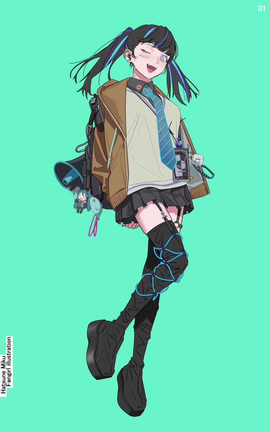 1girl ;d aqua_background aqua_necktie backpack bag black_bag black_footwear black_hair black_shirt black_skirt black_thighhighs blue_hair brown_jacket character_charm charm_(object) collared_shirt commentary earrings english_commentary full_body garter_straps hachune_miku hatsune_miku highres jacket jewelry keychain koi_wa_sensou_(vocaloid) lanyard long_sleeves looking_at_viewer medium_hair megaphone miniskirt multicolored_hair necktie oguchi one_eye_closed open_clothes open_jacket open_mouth original piercing platform_footwear pleated_skirt shirt simple_background skirt smile solo streaked_hair striped_necktie sweater_vest teeth thighhighs tongue_piercing twintails upper_teeth_only ura-omote_lovers_(vocaloid) vocaloid white_background yellow_sweater_vest