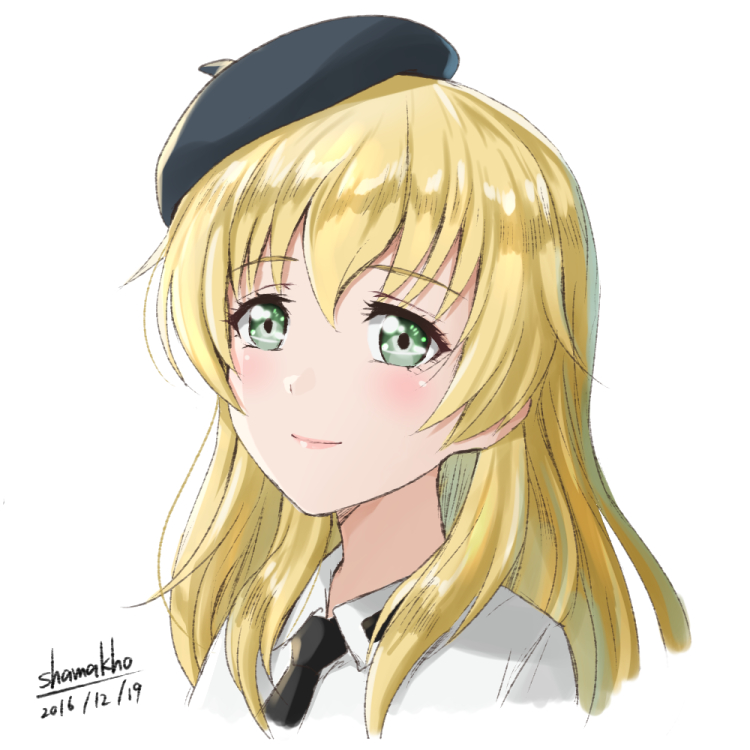 anzio_school_uniform artist_name bangs beret black_hat black_neckwear blonde_hair carpaccio closed_mouth cropped_neck dated dress_shirt eyebrows_visible_through_hair girls_und_panzer green_eyes hat long_hair looking_at_viewer necktie portrait school_uniform shamakho shirt signature simple_background smile solo white_background white_shirt wing_collar