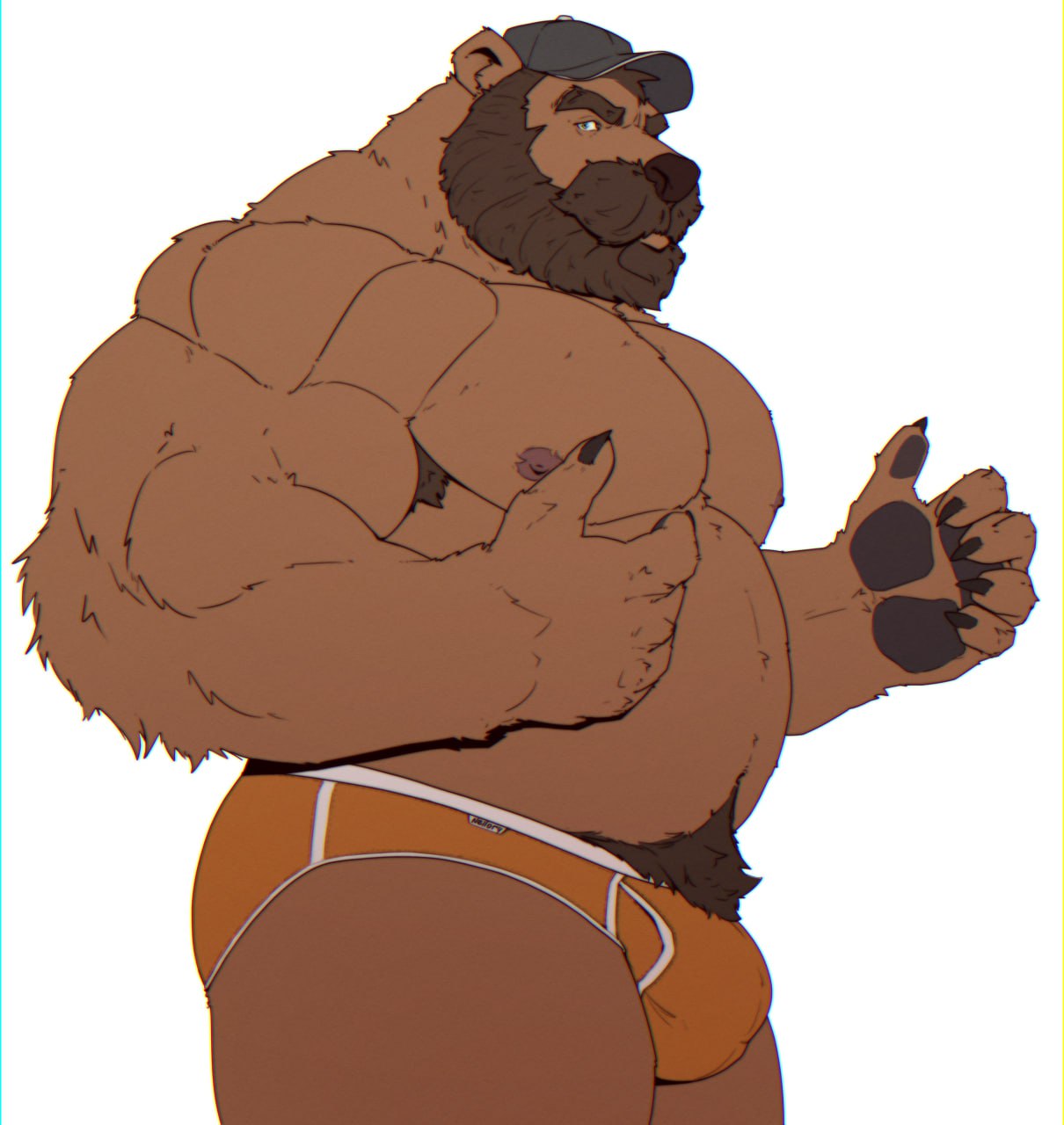 2023 anthro armpit_hair bear belly biceps body_hair brown_bear brown_body brown_clothing brown_fur brown_hair brown_underwear claws clothed clothing deltoids finger_claws flexor_carpi fur hair hi_res male mammal mr_nellory musclegut muscular muscular_anthro muscular_male nipples pantsless pawpads pecs pubes scruffy_(character) simple_background solo topless triceps underwear underwear_only ursine white_background