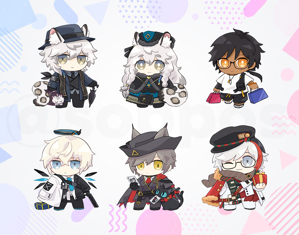1girl 5boys animal animal_ear_fluff animal_ears arknights bag bespectacled black_cape black_capelet black_dress black_hair black_headwear black_jacket black_shorts black_suit blonde_hair blue_background blue_eyes blue_necktie brown_scarf cape capelet card cat cat_boy cat_ears chibi christine_(arknights) commentary_request dark-skinned_male dark_skin dress ears_through_headwear elysium_(arknights) elysium_(snowy_echo)_(arknights) executor_(arknights) executor_(titleless_code)_(arknights) fanny_pack full_body fur-trimmed_cape fur-trimmed_capelet fur_trim glasses gradient_background grey_hair gun halo hand_fan hat holding holding_bag holding_card holding_fan holding_gun holding_umbrella holding_weapon id_card jacket jewelry leopard_boy leopard_ears leopard_girl leopard_tail light_smile looking_at_viewer multicolored_background multicolored_clothes multicolored_hair multicolored_jacket multiple_boys necklace necktie official_alternate_costume one_eye_closed pants phantom_(arknights) phantom_(dream_within_a_dreammare)_(arknights) pink_background playing_card ponytail pramanix_(arknights) pramanix_(caster's_frost)_(arknights) red_cape red_hair red_necktie scarf shirt shorts silverash_(arknights) silverash_(york's_bise)_(arknights) soppos suit t-shirt tail thorns_(arknights) thorns_(comodo)_(arknights) two-sided_cape two-sided_fabric two-tone_jacket umbrella weapon white_cat white_jacket white_pants white_shirt wings yellow_eyes