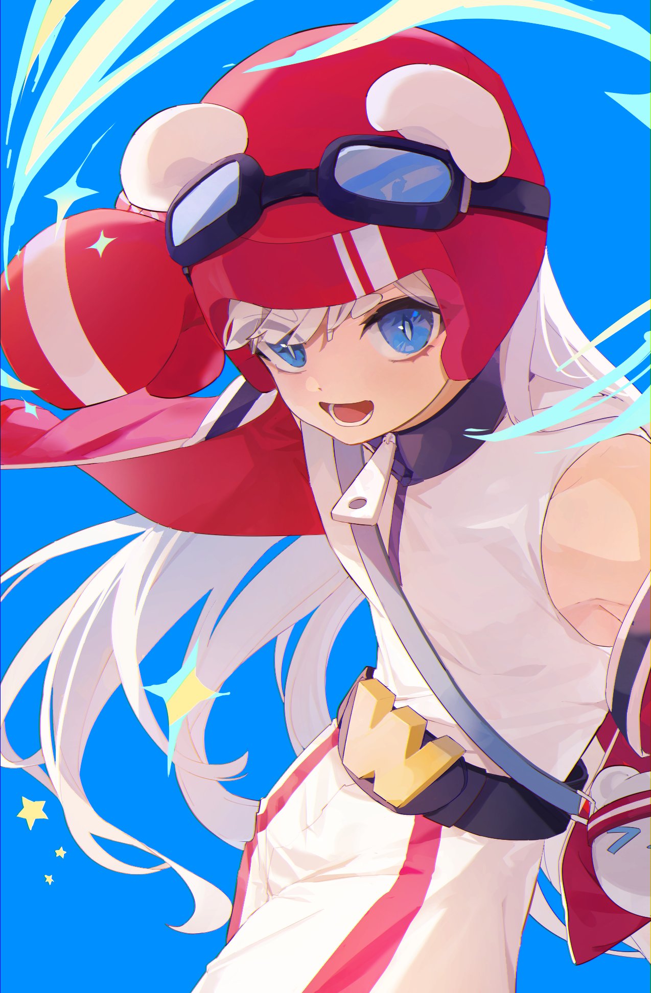 1girl blue_background blue_eyes boxing_gloves boxing_headgear championship_belt cjsdh1000 goggles goggles_on_headwear highres jacket long_hair looking_at_viewer muse_dash ola_(muse_dash) open_clothes open_jacket open_mouth red_headwear simple_background sleeveless solo sparkle very_long_hair white_hair zipper_pull_tab