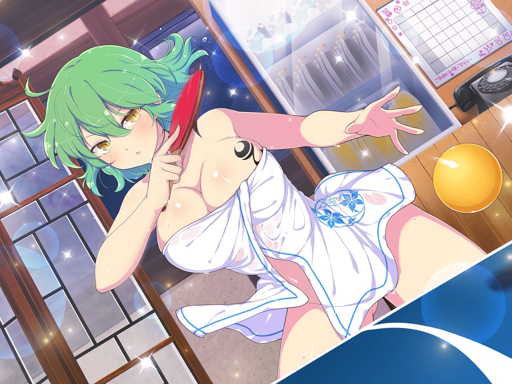 1girl ahoge antique_phone architecture ass_visible_through_thighs ball bare_shoulders blush bottle breast_tattoo breasts cleavage collarbone east_asian_architecture floral_print green_hair groin hair_between_eyes hikage_(senran_kagura) holding holding_paddle large_breasts lens_flare light_particles looking_at_viewer naked_towel official_art paddle phone playing_sports rotary_phone senran_kagura senran_kagura_new_link senran_kagura_shoujo-tachi_no_shin'ei short_hair slit_pupils solo sparkle standing table_tennis table_tennis_ball table_tennis_paddle tattoo towel vending_machine water_drop wet wet_towel yaegashi_nan yellow_eyes