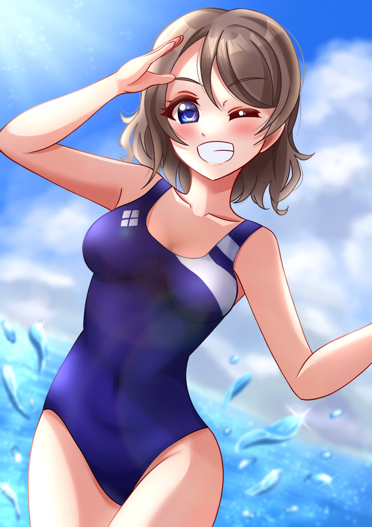 1girl blue_eyes breasts brown_hair cloud competition_swimsuit highres looking_at_viewer love_live! love_live!_sunshine!! one-piece_swimsuit one_eye_closed salute short_hair smile solo swimsuit thighs tsubasa091748 watanabe_you water wavy_hair